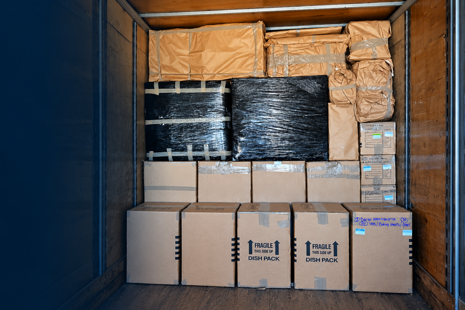 Inside a PrimePath truck: furniture wrapped in paper and plastic stacked above labeled dish-pack boxes