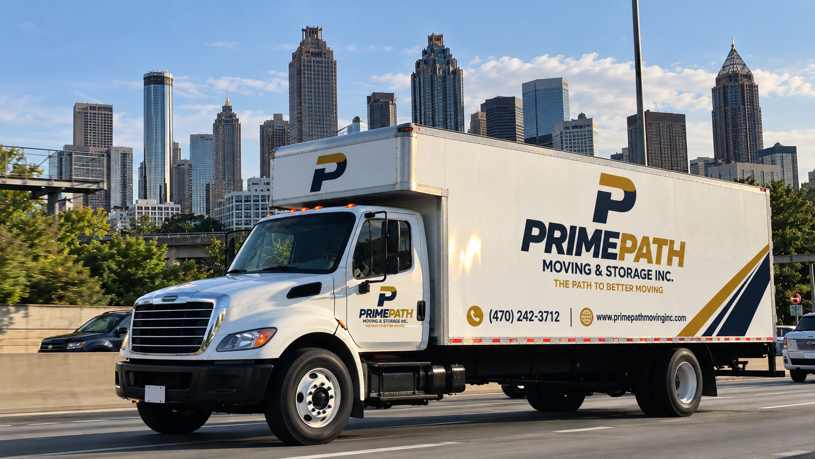 PrimePath Moving & Storage truck driving on an Atlanta highway with the city skyline behind it