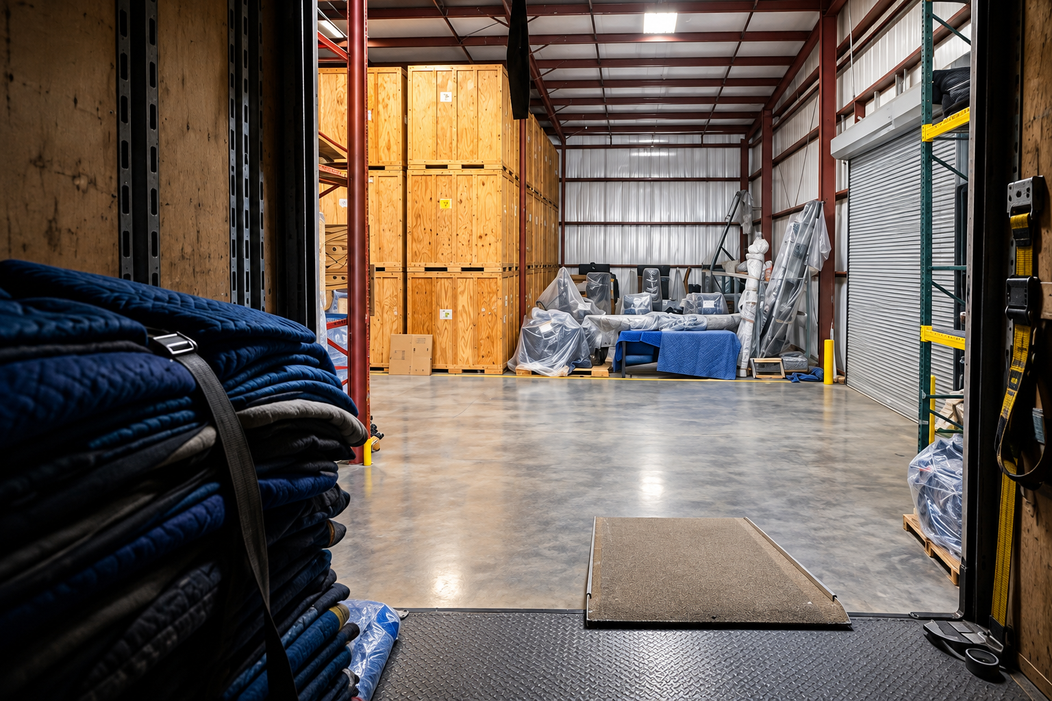 PrimePath storage warehouse with wooden storage vaults, wrapped furniture, and moving blankets at the loading dock